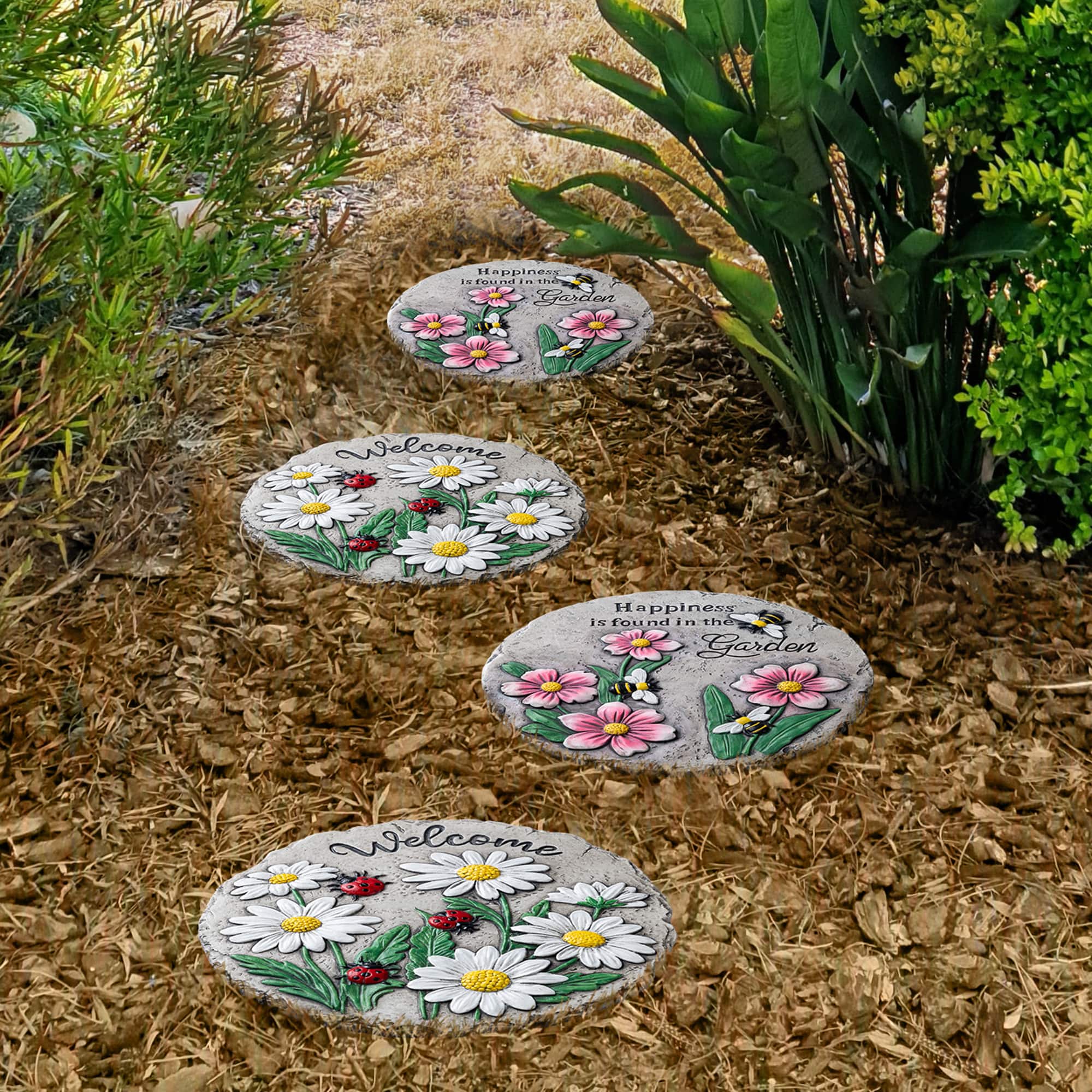 Glitzhome® 10" Set of 2 Cement Ladybug and Bee Flower Textured Stepping Stones